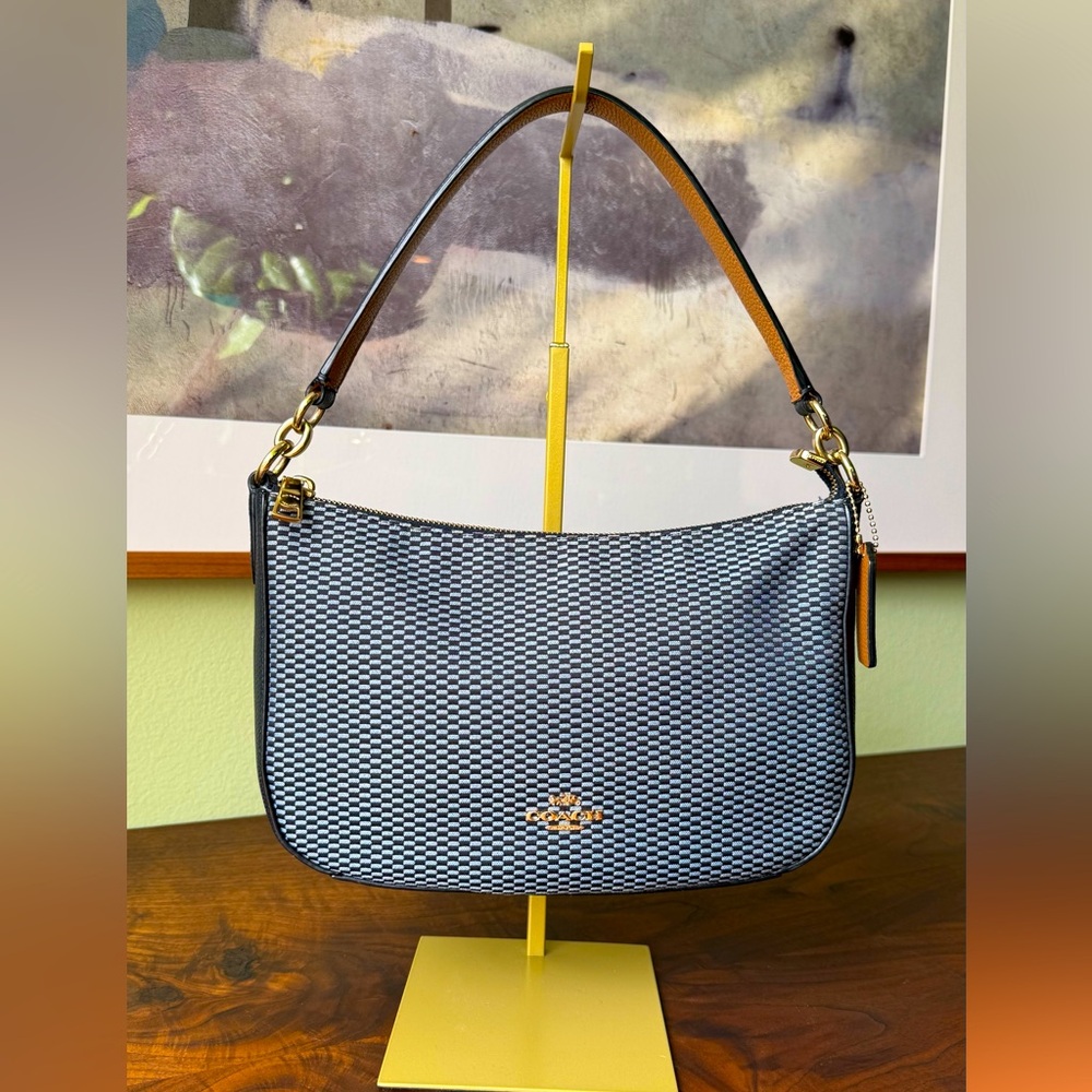 Coach Woven Jacquard Shoulder Bag Light Blue/Navy Gold Hardware